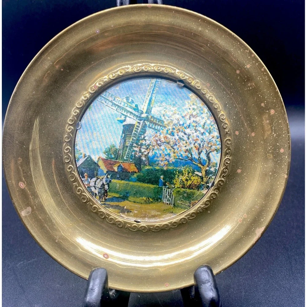 Vintage Brass Plate Foil Art Painted Landscape mid century wall art 6